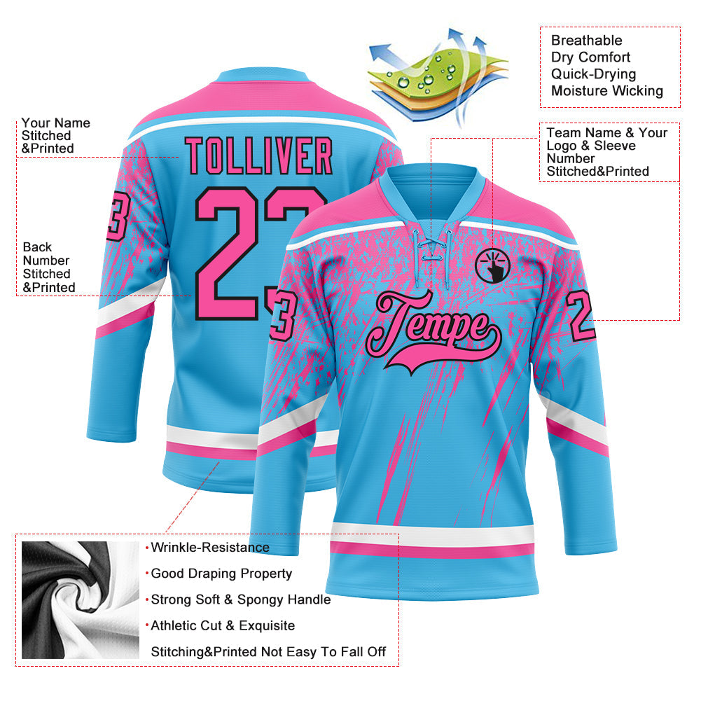 Custom Sky Blue Pink Black-White 3D Splash Hockey Lace Neck Jersey view 3