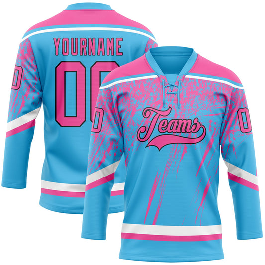 Custom Sky Blue Pink Black-White 3D Splash Hockey Lace Neck Jersey - Main View