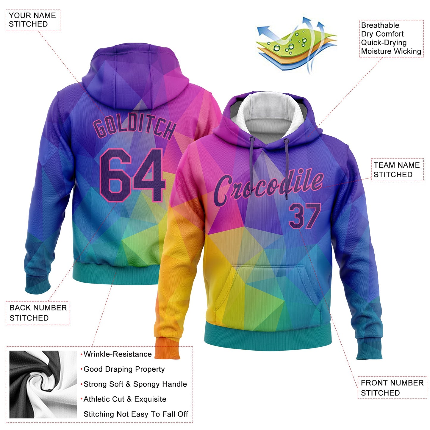 Custom Stitched Gold Purple-Pink 3D Pattern Design Abstract Rainbow Sports Pullover Sweatshirt Hoodie view 2