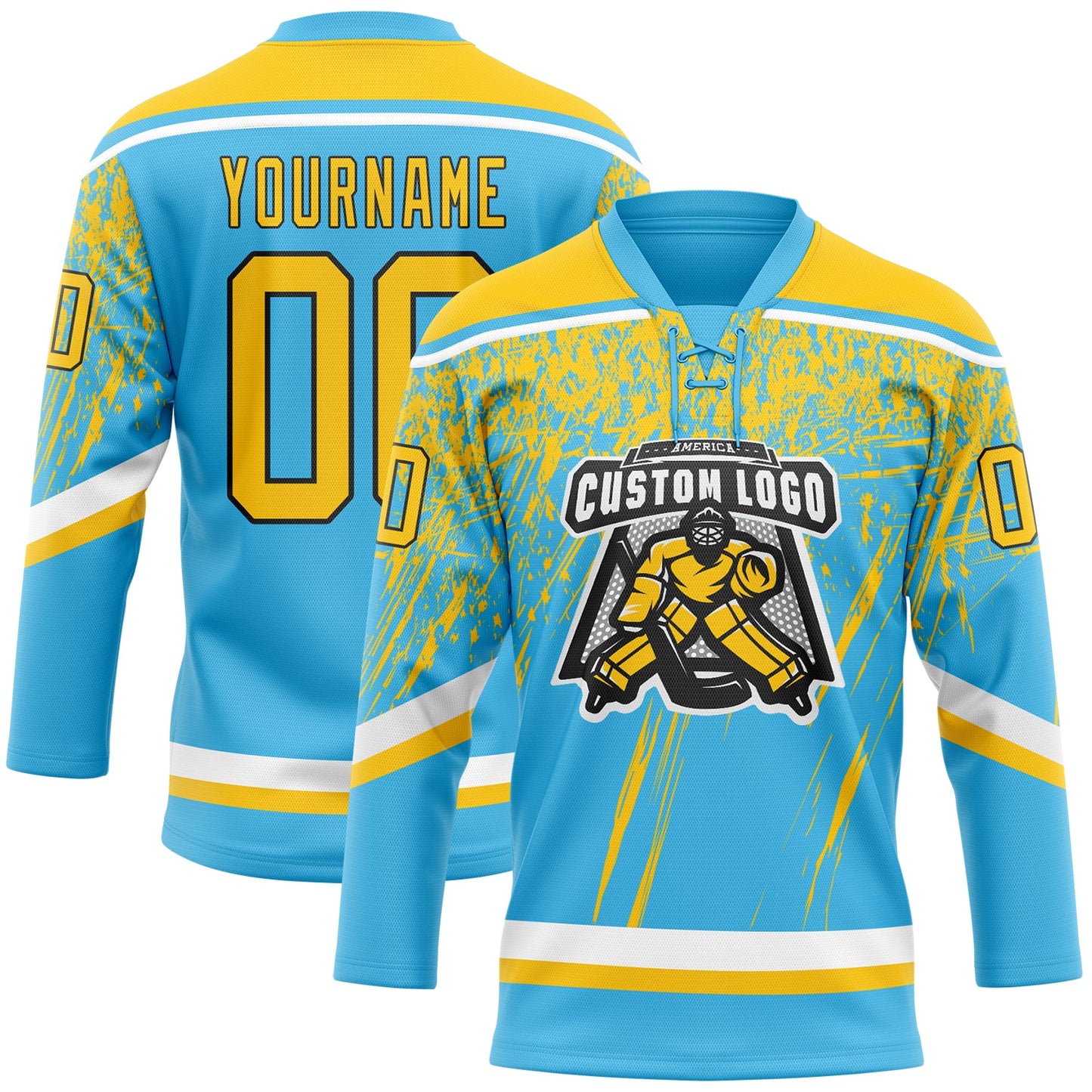 Custom Sky Blue Yellow Black-White 3D Splash Hockey Lace Neck Jersey view 2