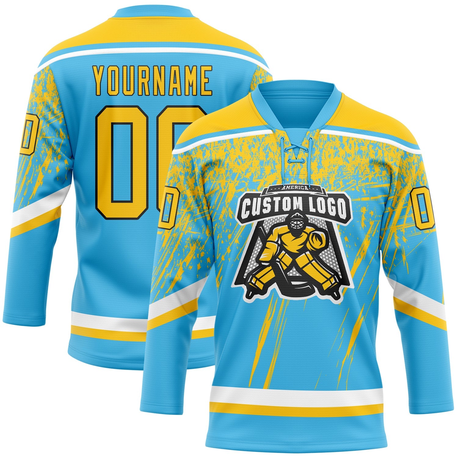 Custom Sky Blue Yellow Black-White 3D Splash Hockey Lace Neck Jersey view 2