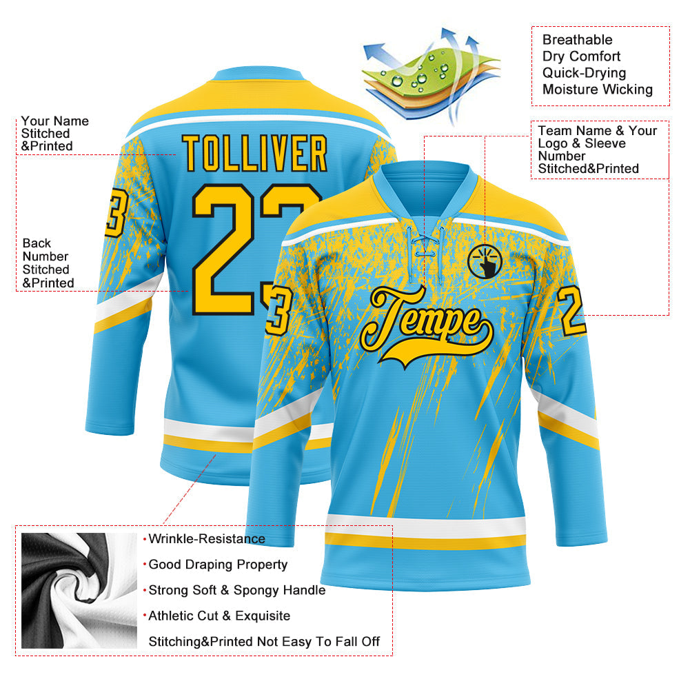 Custom Sky Blue Yellow Black-White 3D Splash Hockey Lace Neck Jersey view 3