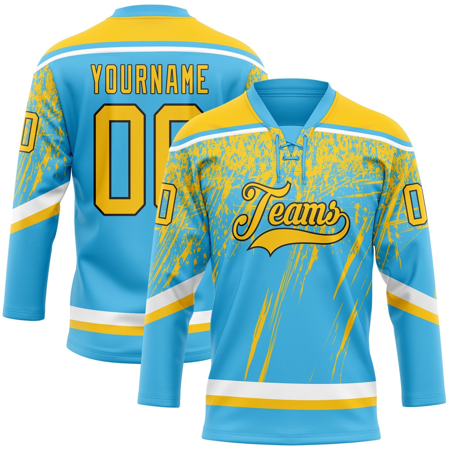 Custom Sky Blue Yellow Black-White 3D Splash Hockey Lace Neck Jersey - Main View