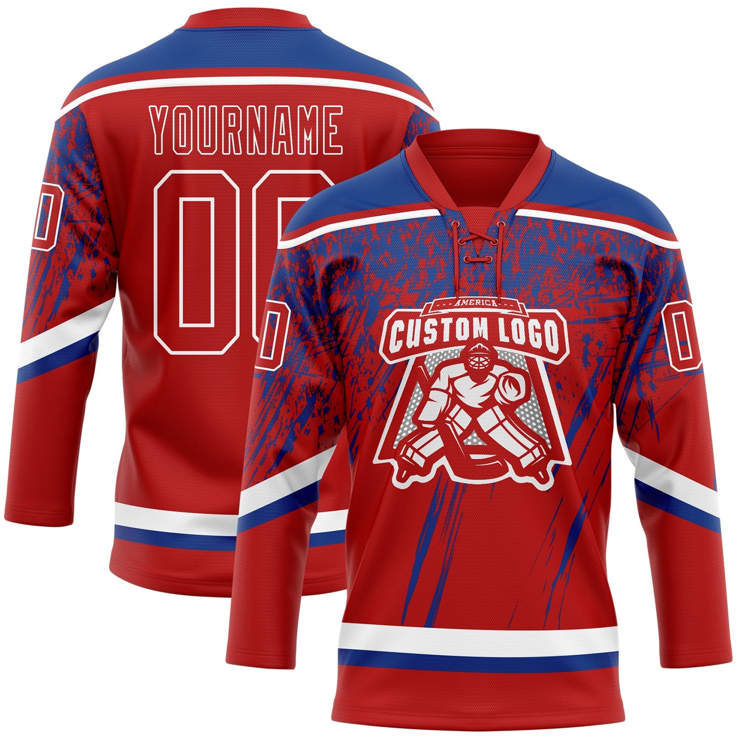 Custom Red Royal-White 3D Splash Hockey Lace Neck Jersey view 2