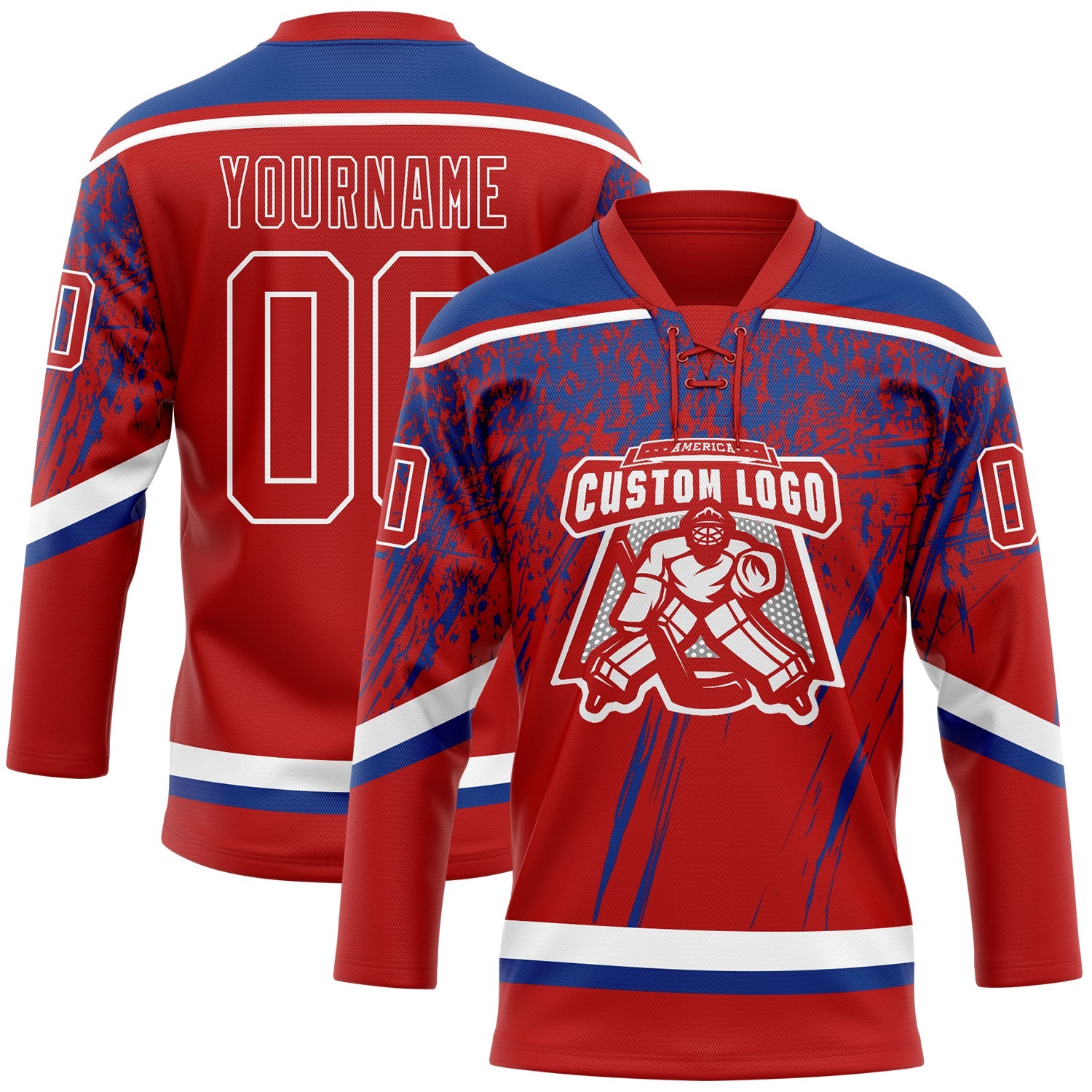 Custom Red Royal-White 3D Splash Hockey Lace Neck Jersey view 2