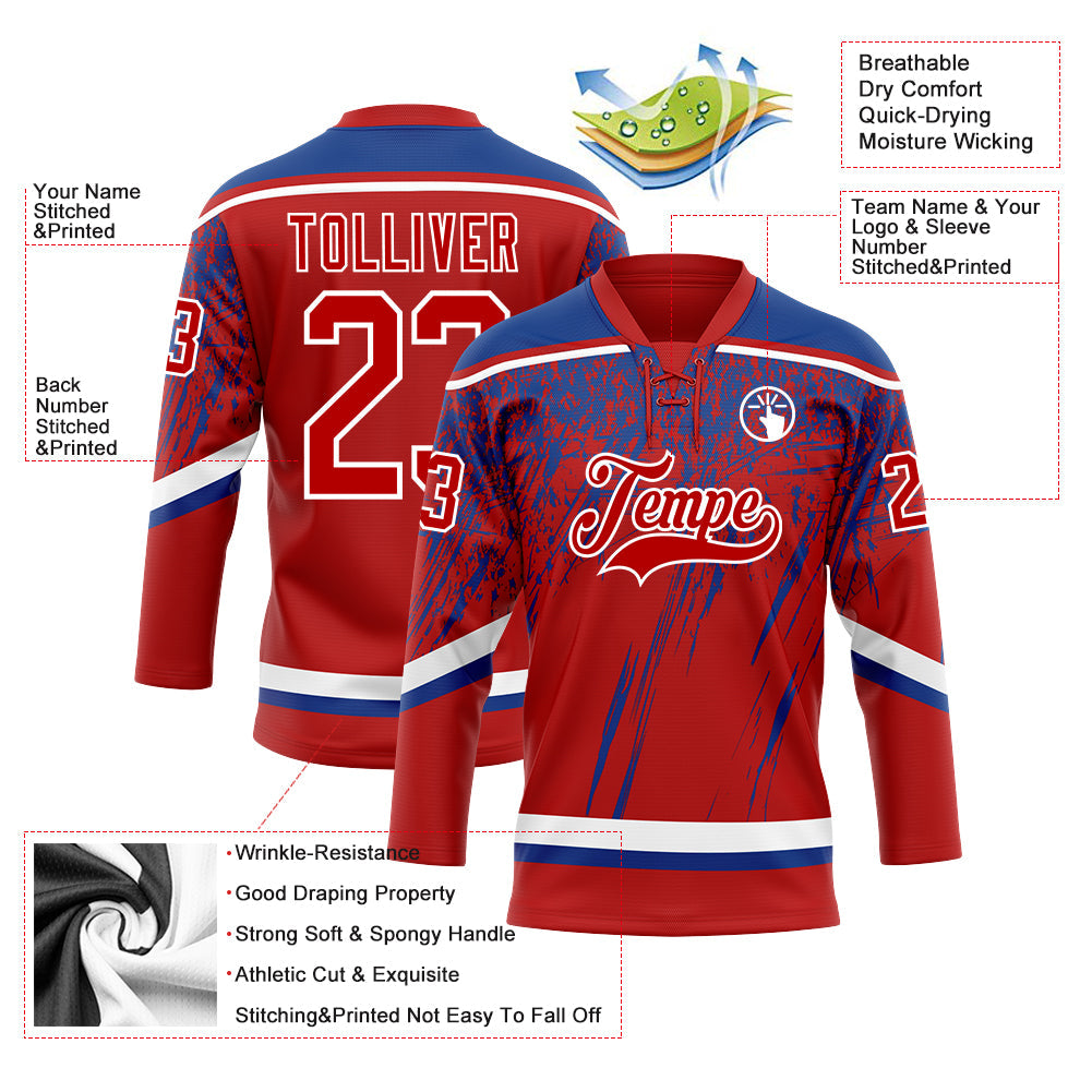 Custom Red Royal-White 3D Splash Hockey Lace Neck Jersey view 3