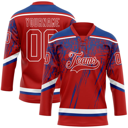 Custom Red Royal-White 3D Splash Hockey Lace Neck Jersey - Main View