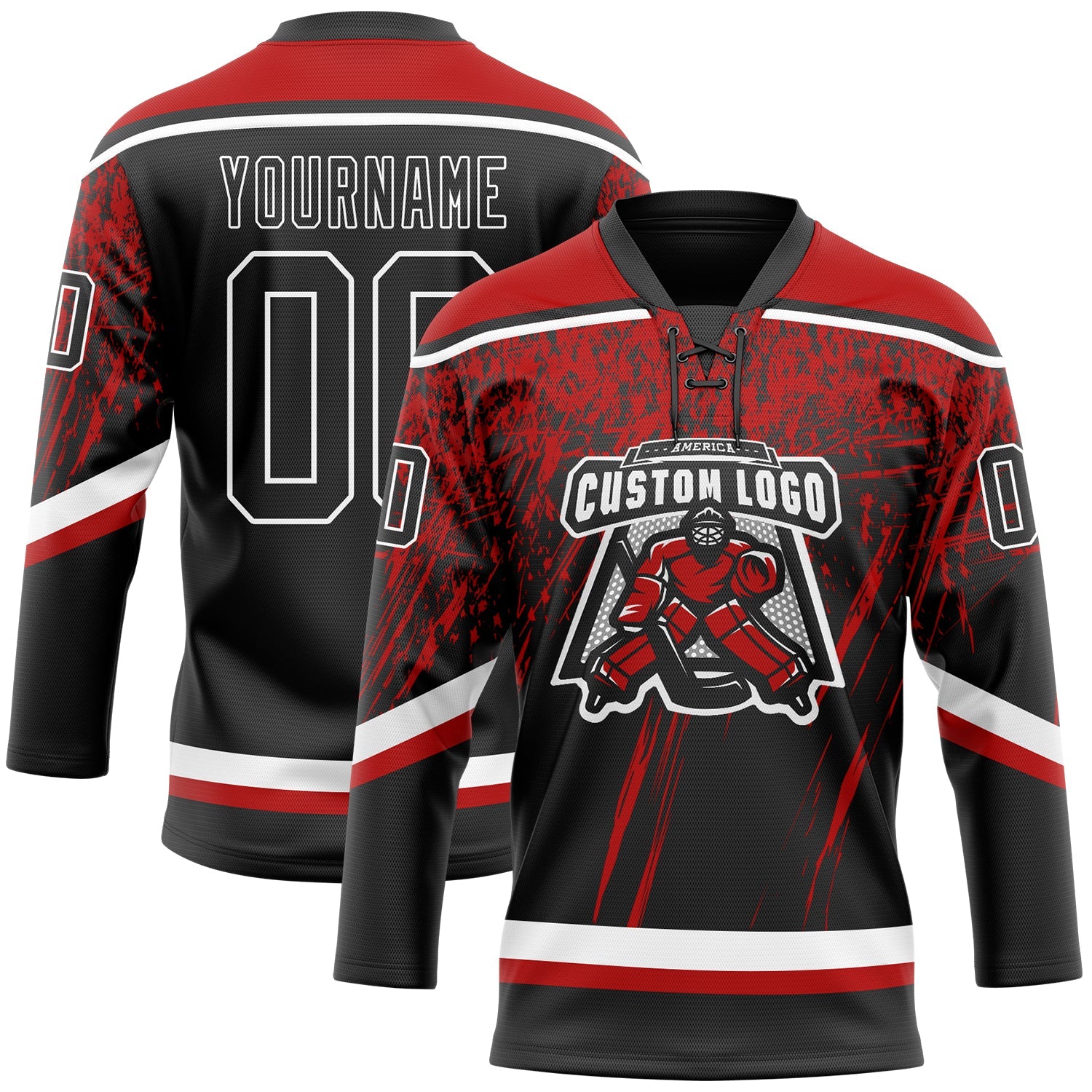 Custom Black Red-White 3D Splash Hockey Lace Neck Jersey view 2
