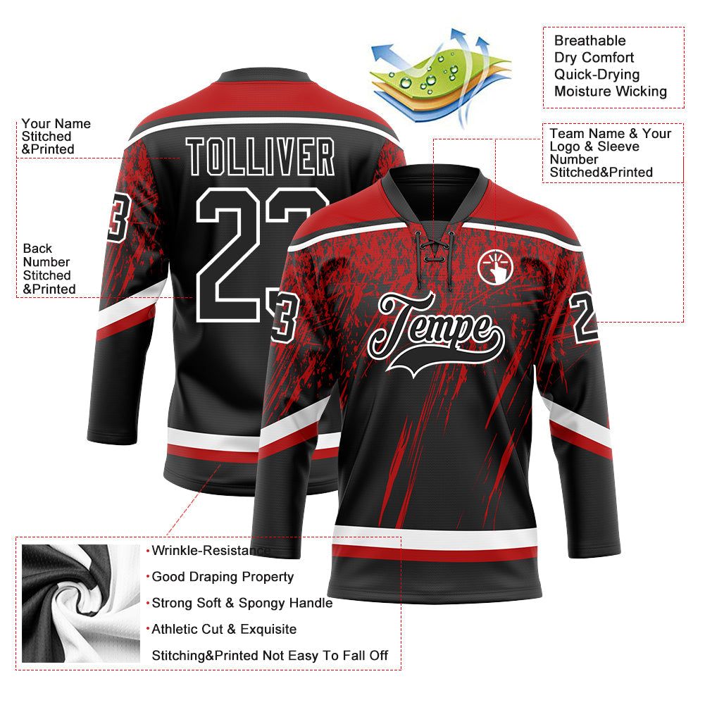 Custom Black Red-White 3D Splash Hockey Lace Neck Jersey view 3