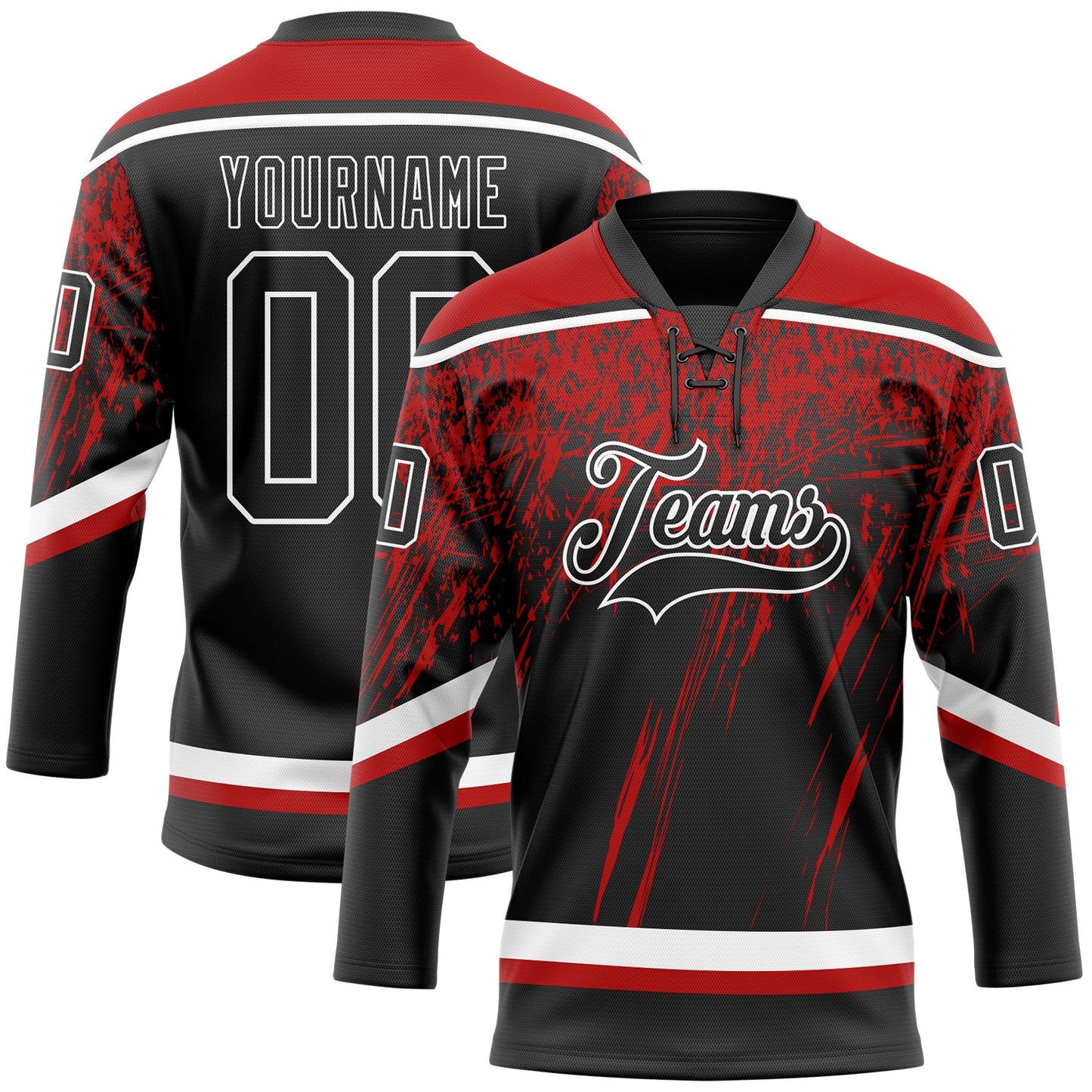 Custom Black Red-White 3D Splash Hockey Lace Neck Jersey - Main View