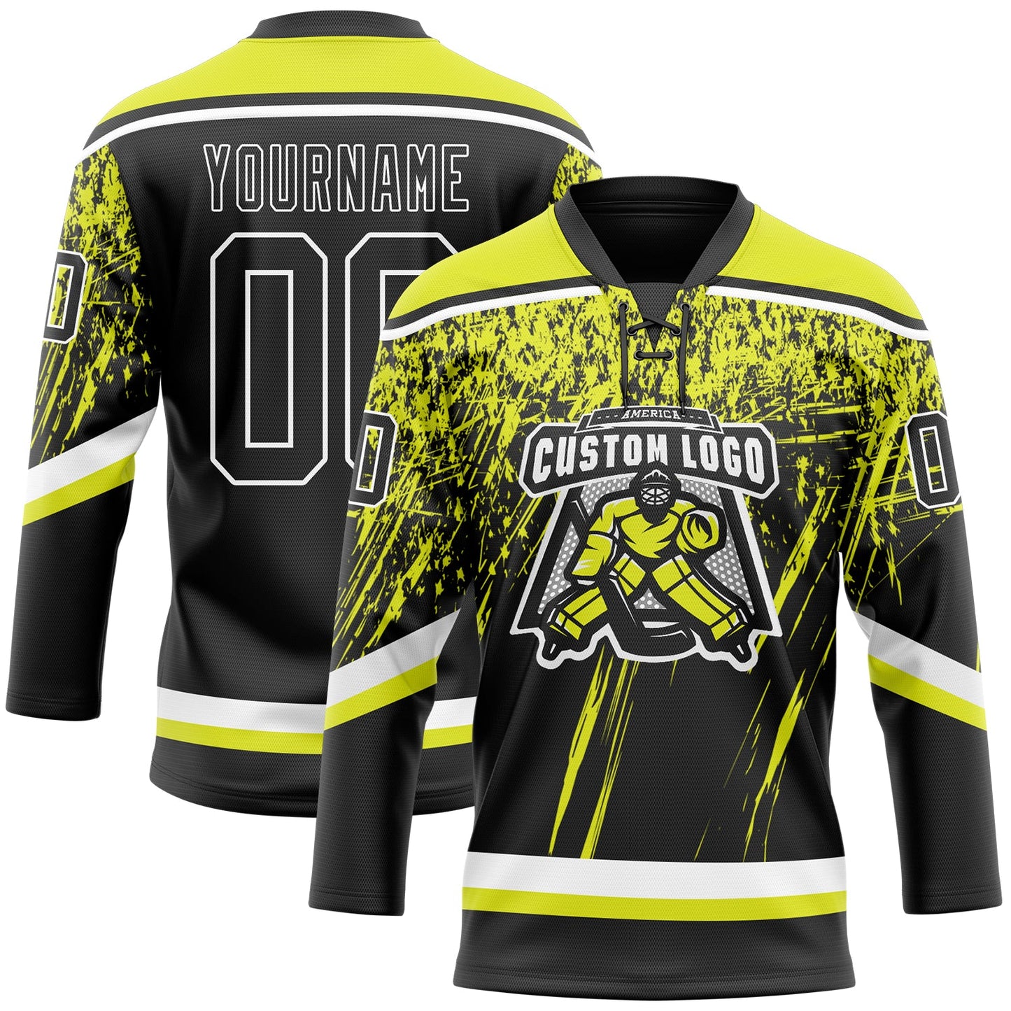 Custom Black Neon Yellow-White 3D Splash Hockey Lace Neck Jersey view 2