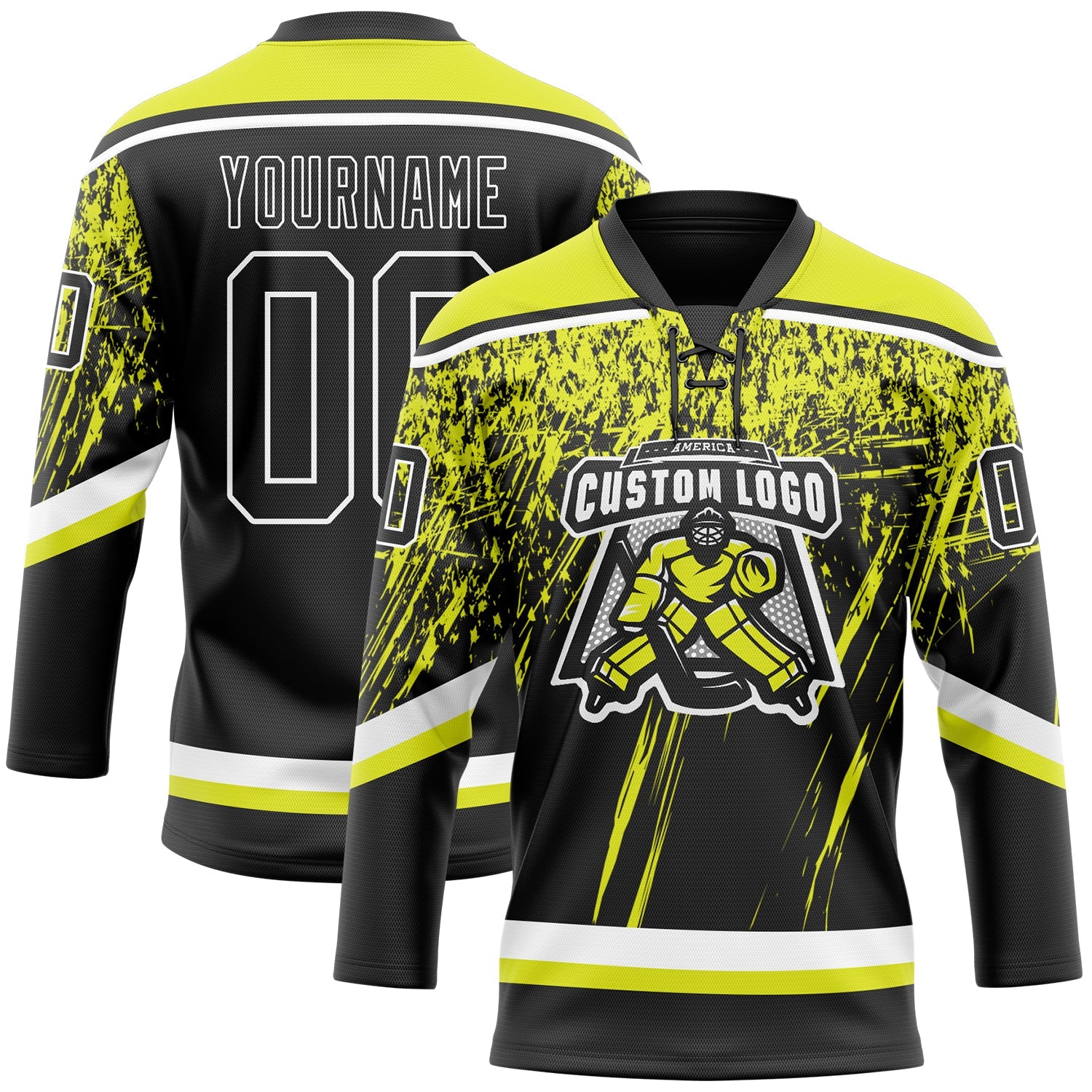 Custom Black Neon Yellow-White 3D Splash Hockey Lace Neck Jersey view 2