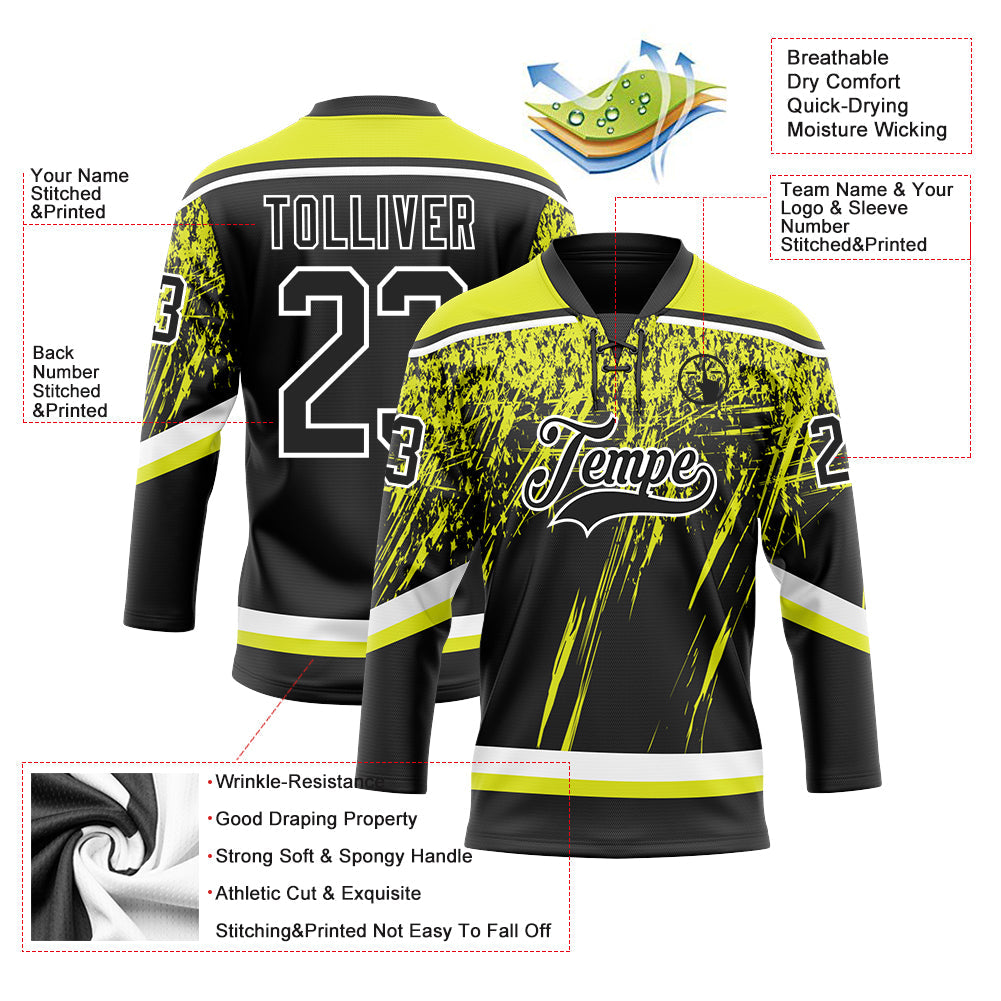 Custom Black Neon Yellow-White 3D Splash Hockey Lace Neck Jersey view 3