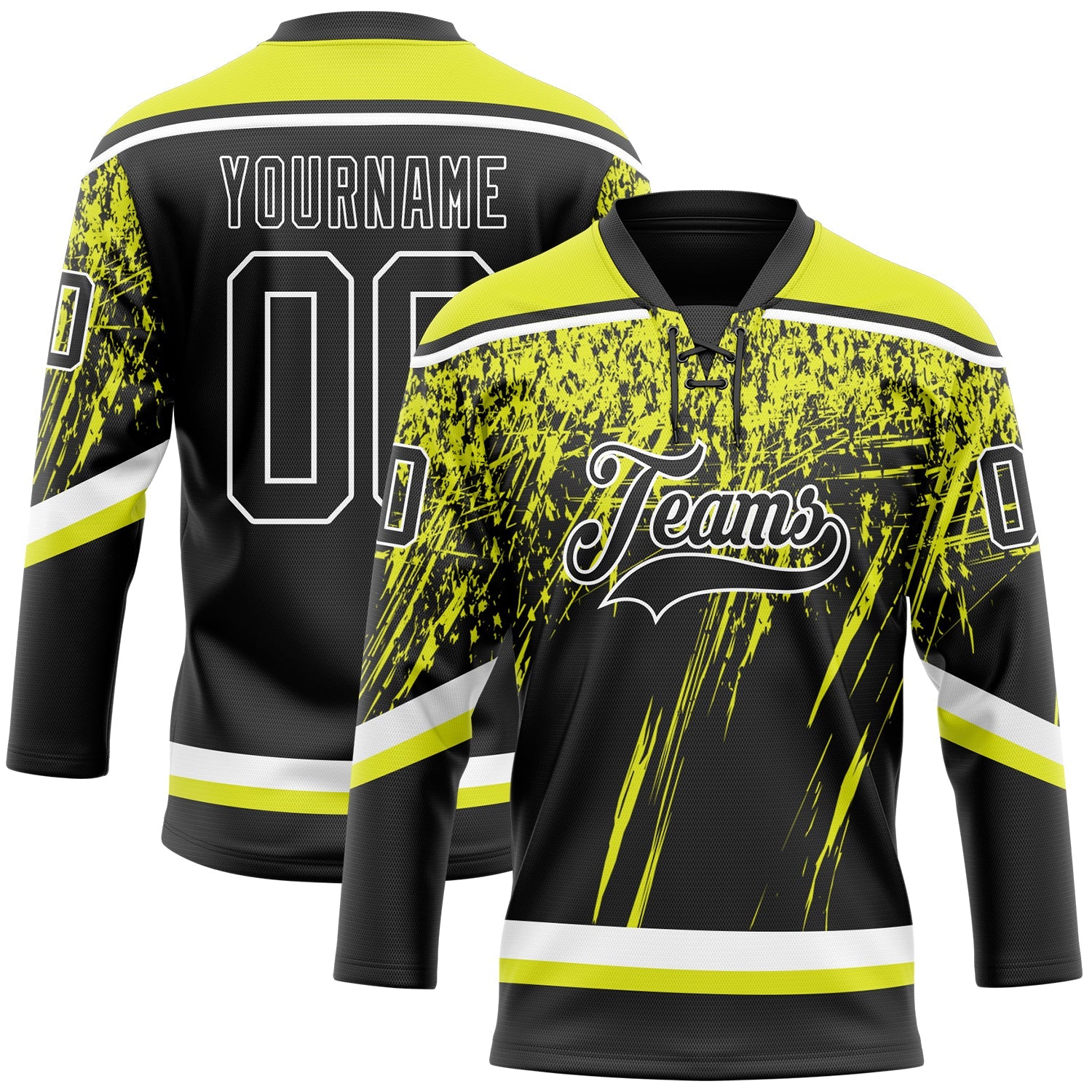 Custom Black Neon Yellow-White 3D Splash Hockey Lace Neck Jersey - Main View