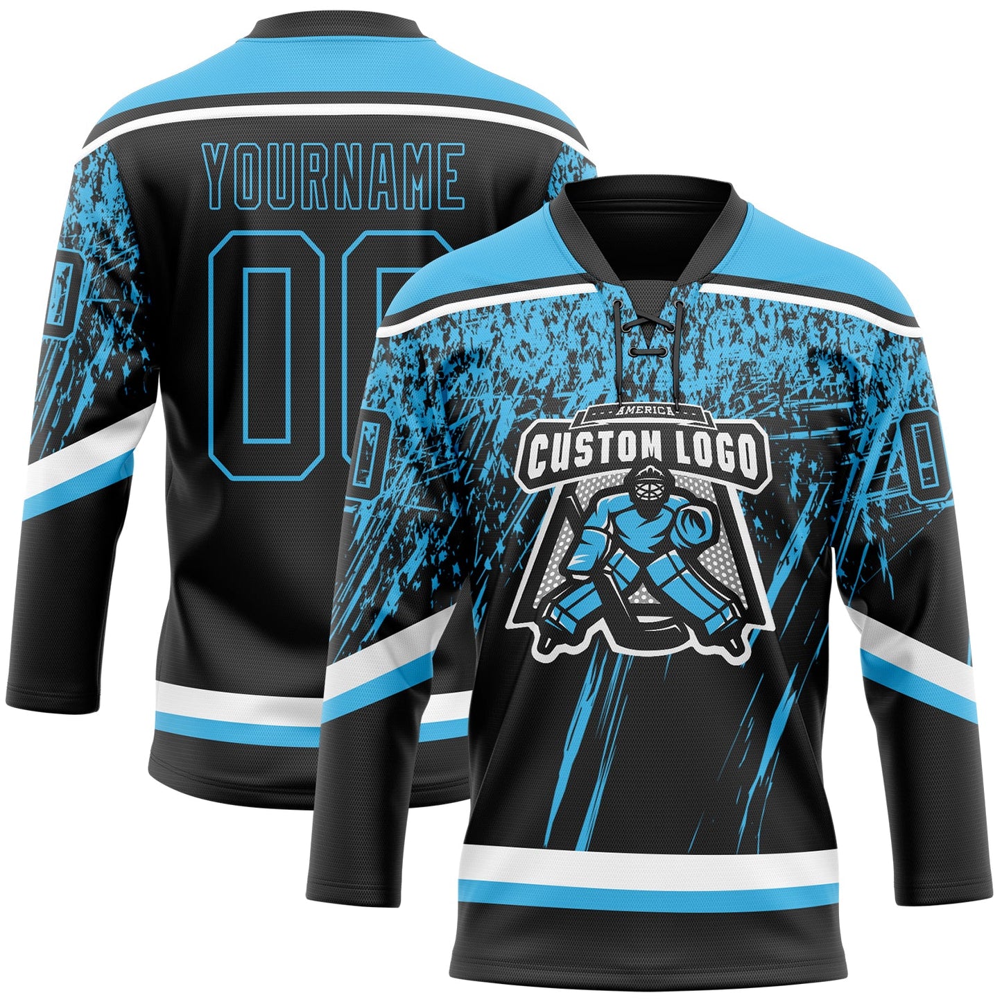 Custom Black Sky Blue-White 3D Splash Hockey Lace Neck Jersey view 2