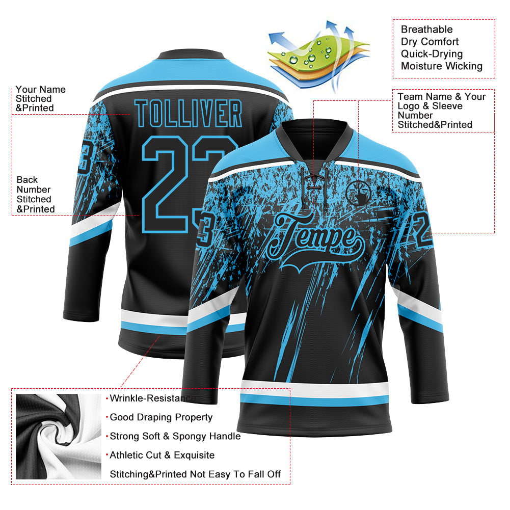 Custom Black Sky Blue-White 3D Splash Hockey Lace Neck Jersey view 3