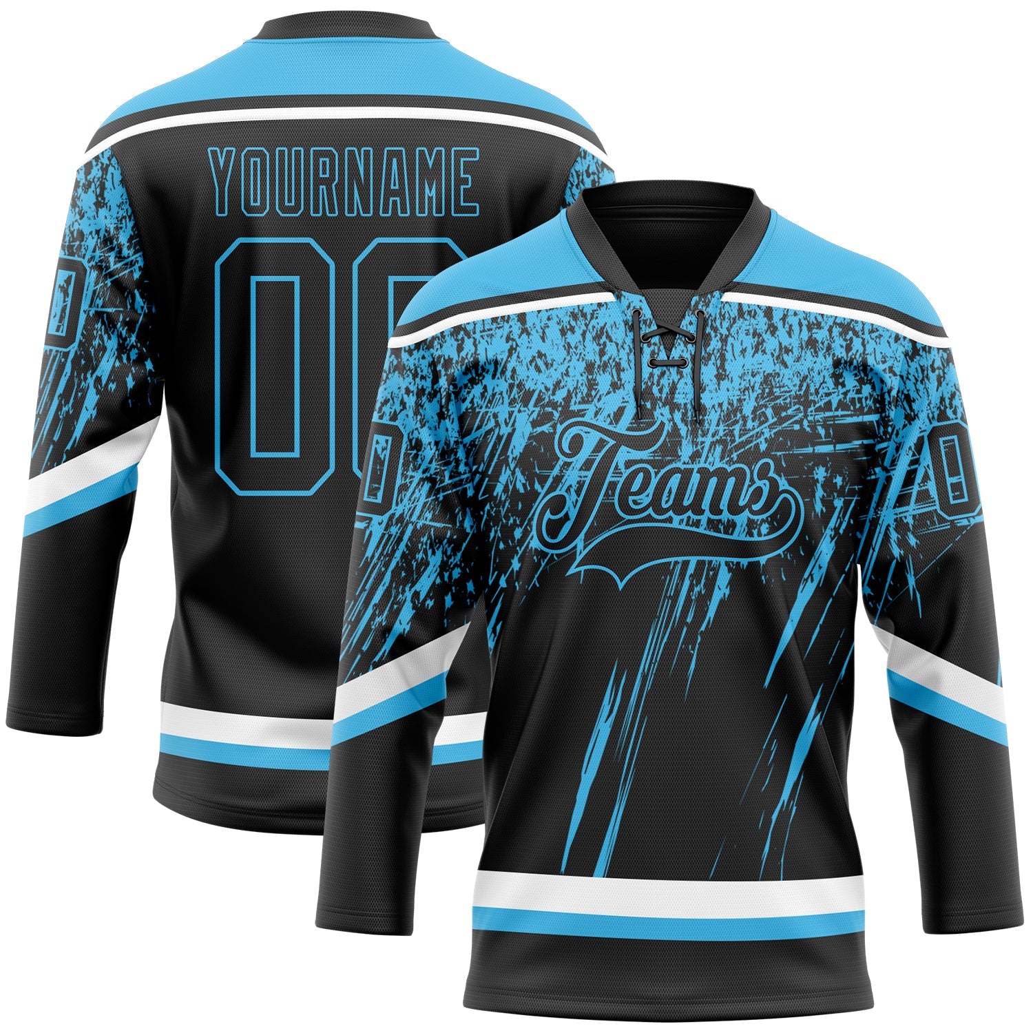 Custom Black Sky Blue-White 3D Splash Hockey Lace Neck Jersey - Main View
