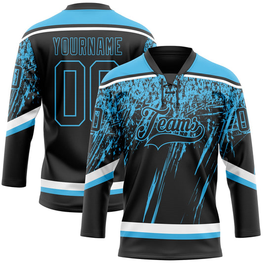 Custom Black Sky Blue-White 3D Splash Hockey Lace Neck Jersey - Main View
