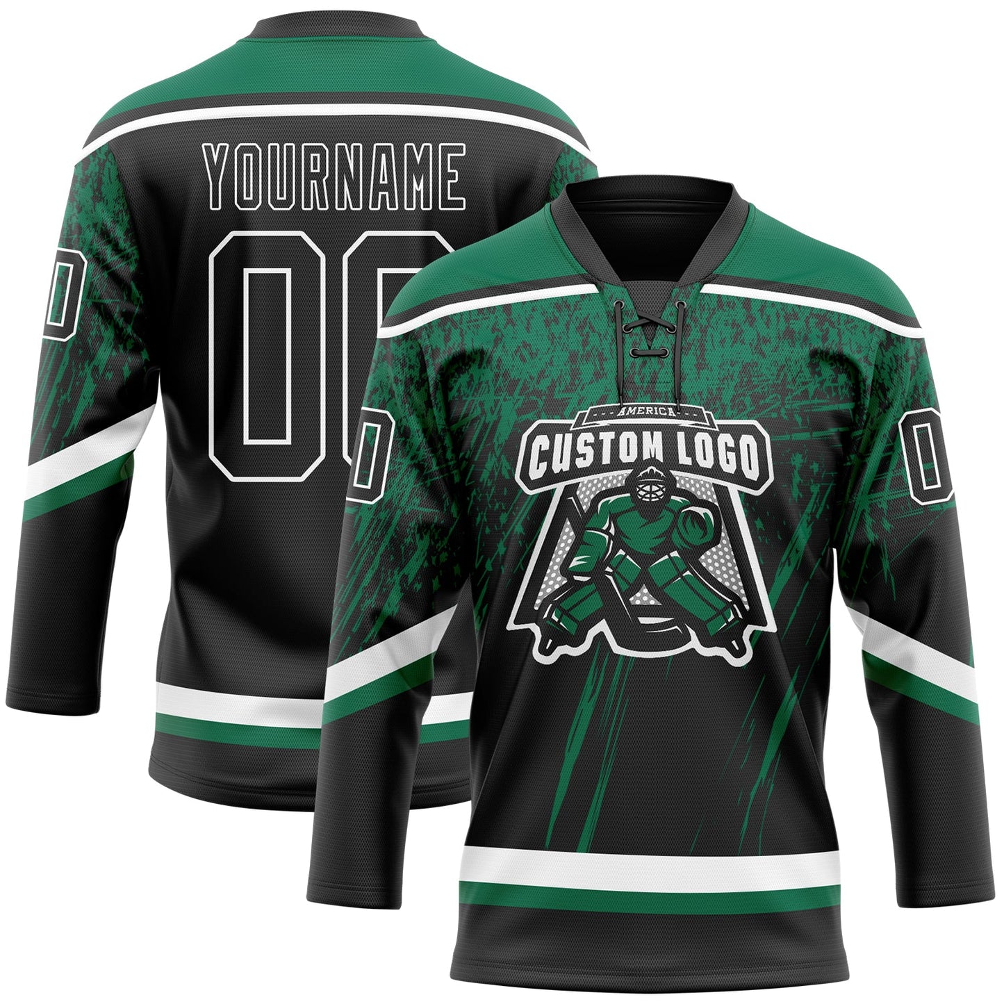 Custom Black Kelly Green-White 3D Splash Hockey Lace Neck Jersey view 2