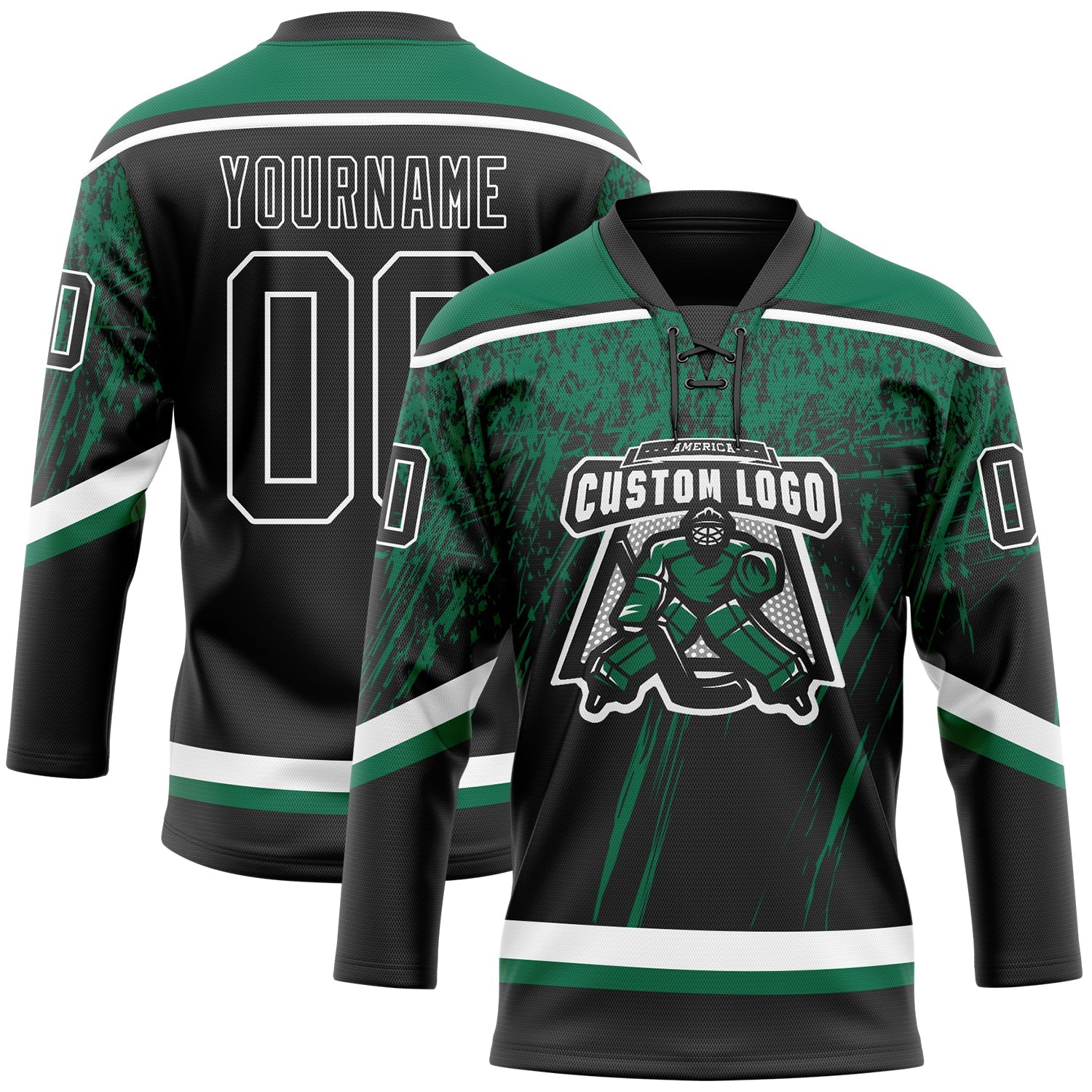 Custom Black Kelly Green-White 3D Splash Hockey Lace Neck Jersey view 2
