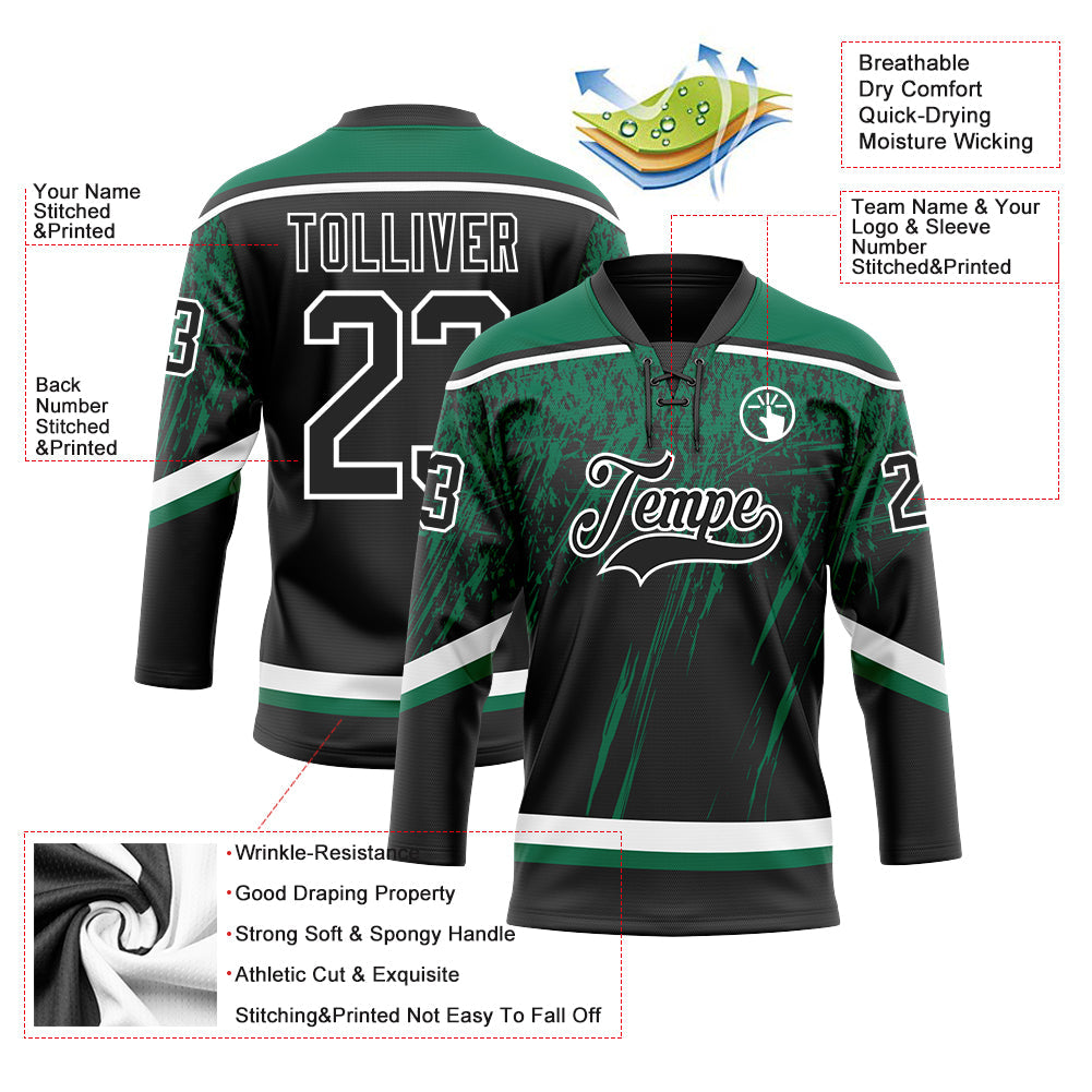 Custom Black Kelly Green-White 3D Splash Hockey Lace Neck Jersey view 3