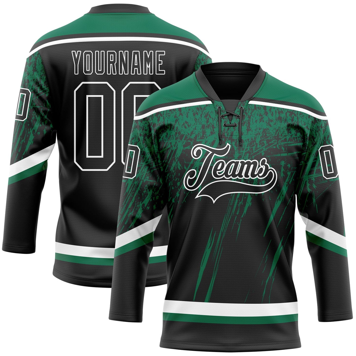 Custom Black Kelly Green-White 3D Splash Hockey Lace Neck Jersey - Main View