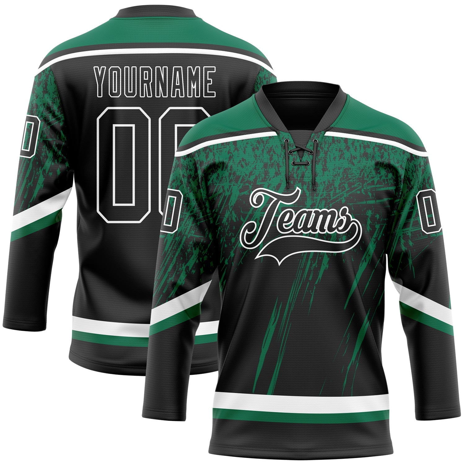 Custom Black Kelly Green-White 3D Splash Hockey Lace Neck Jersey - Main View
