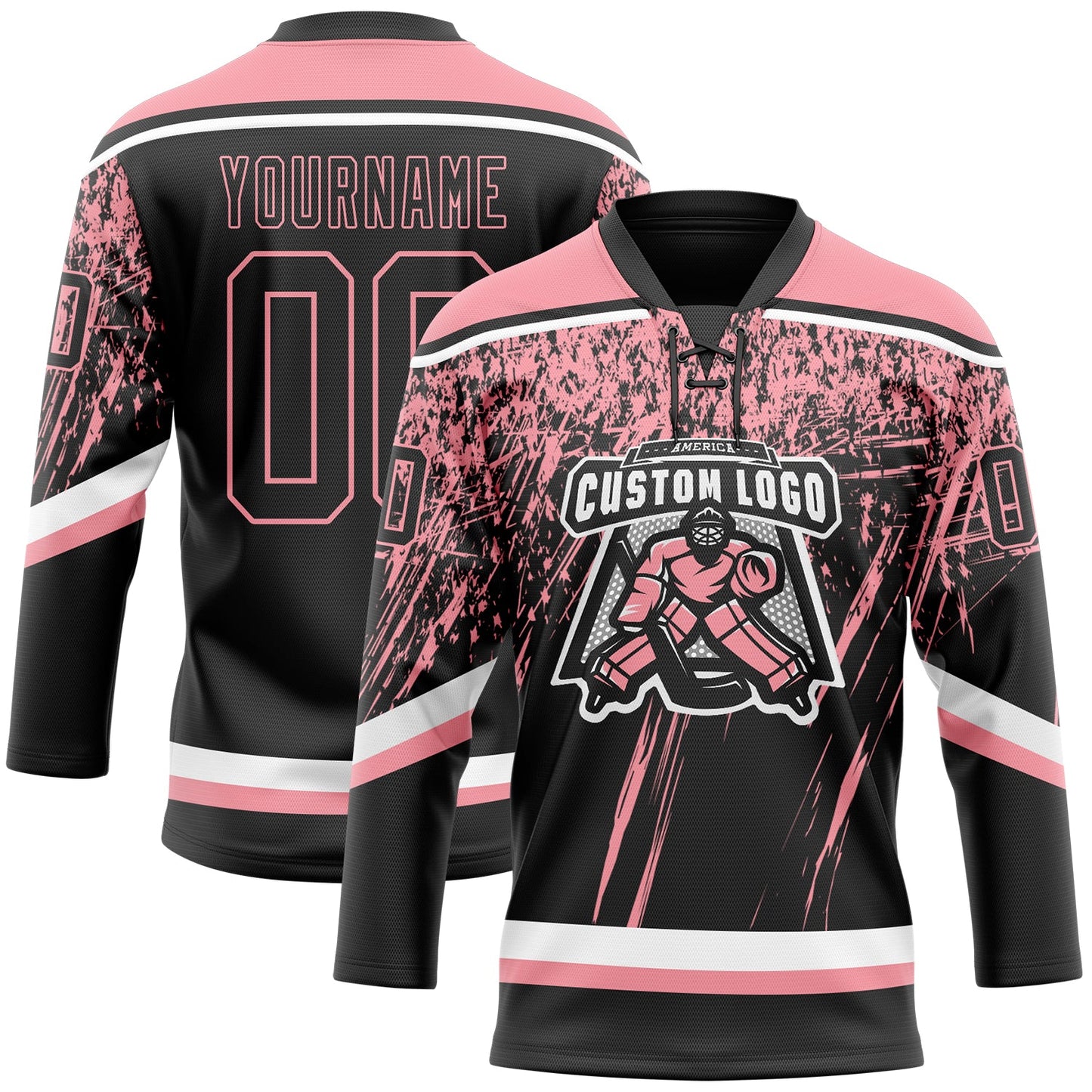 Custom Black Medium Pink-White 3D Splash Hockey Lace Neck Jersey view 2