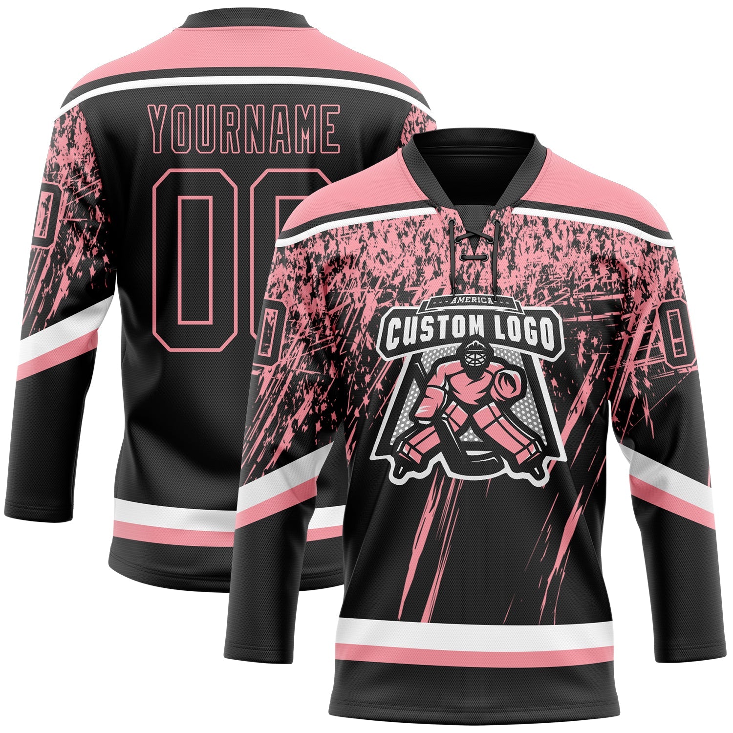 Custom Black Medium Pink-White 3D Splash Hockey Lace Neck Jersey view 2