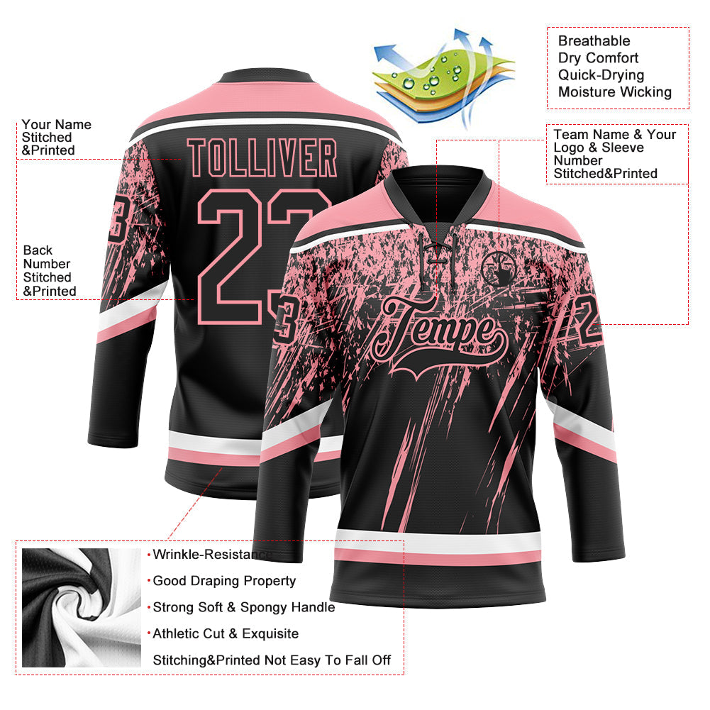 Custom Black Medium Pink-White 3D Splash Hockey Lace Neck Jersey view 3