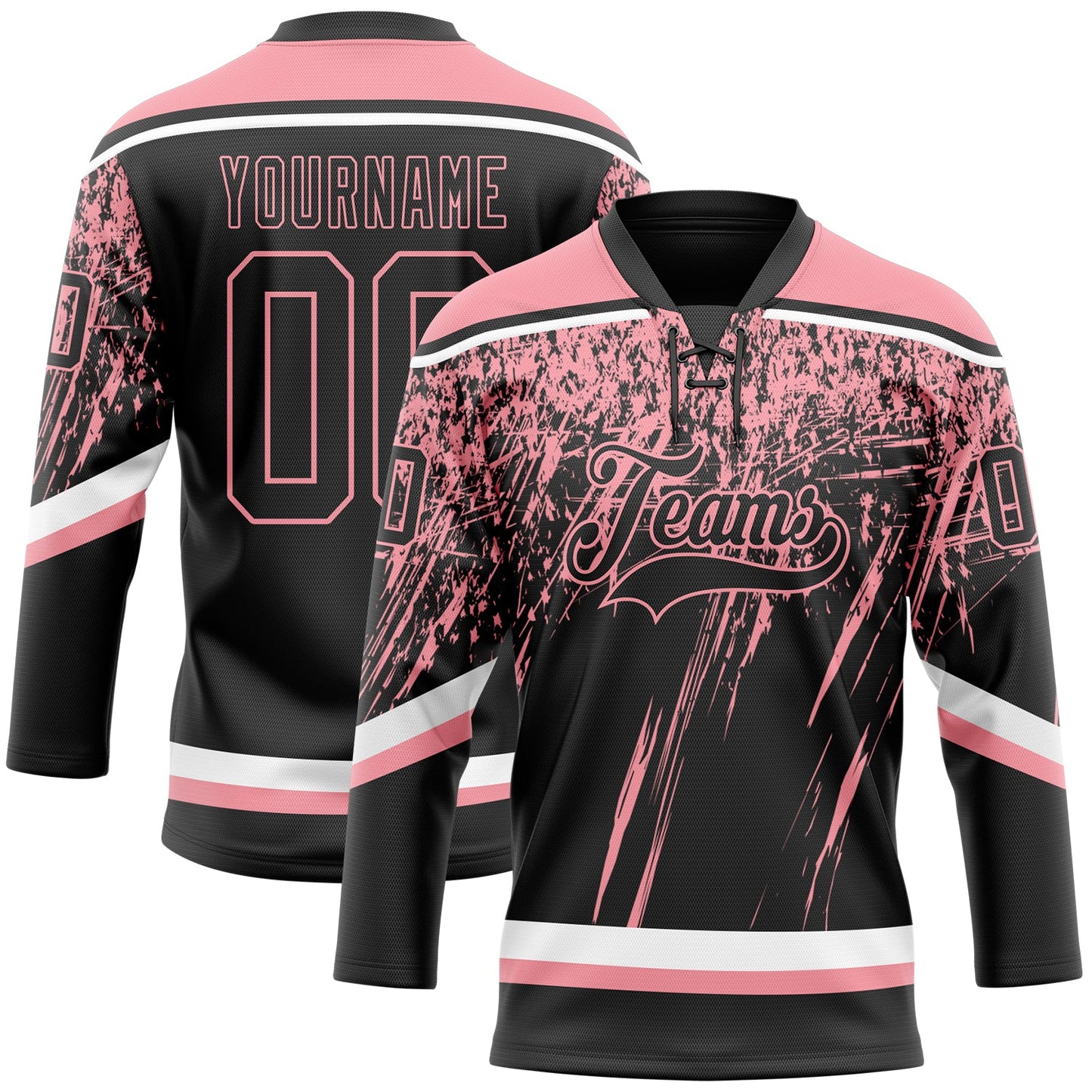 Custom Black Medium Pink-White 3D Splash Hockey Lace Neck Jersey - Main View