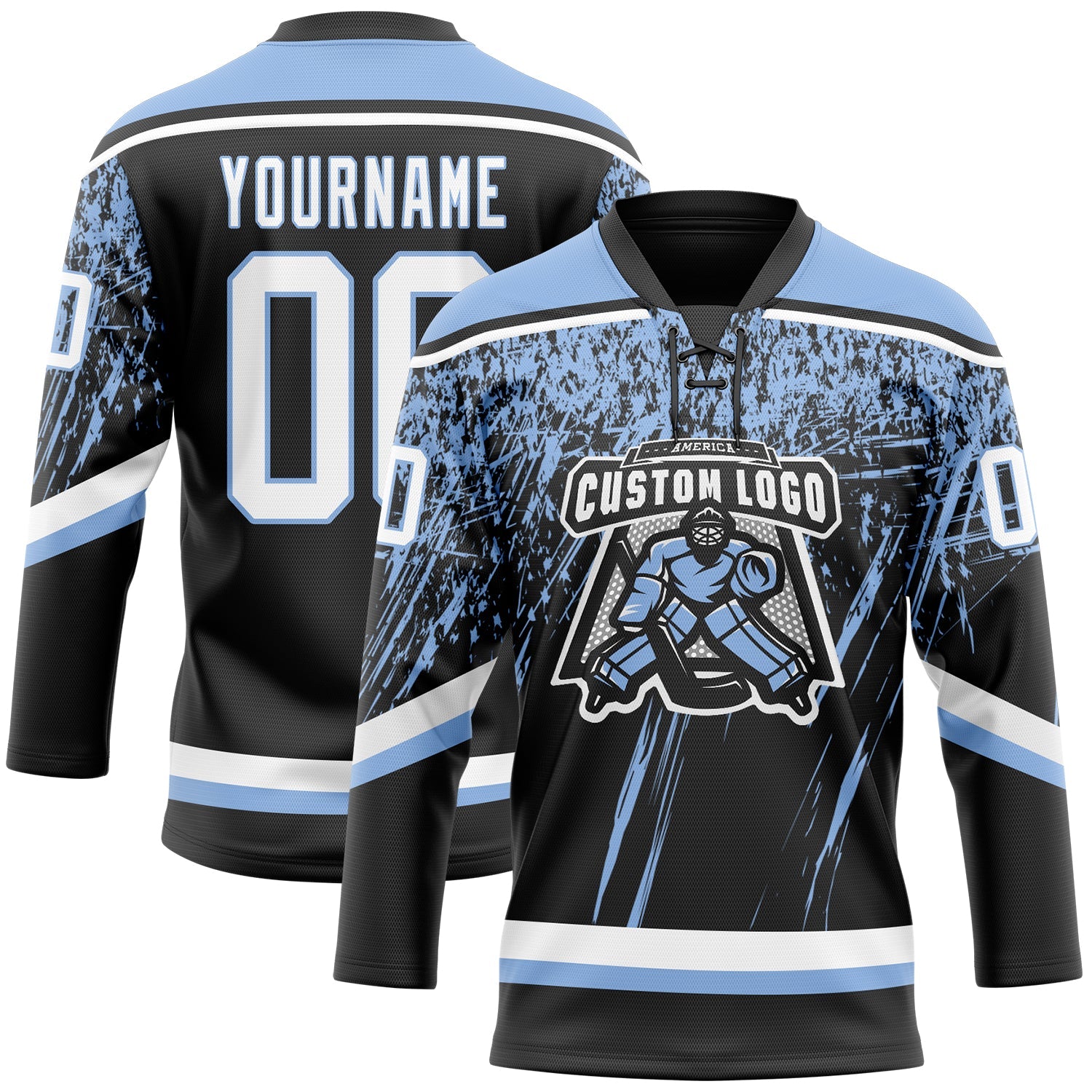 Custom Black White-Light Blue 3D Splash Hockey Lace Neck Jersey view 2