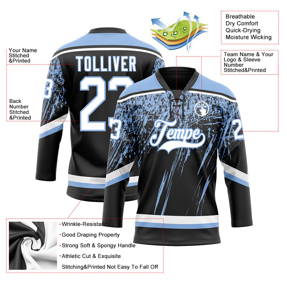 Custom Black White-Light Blue 3D Splash Hockey Lace Neck Jersey view 3