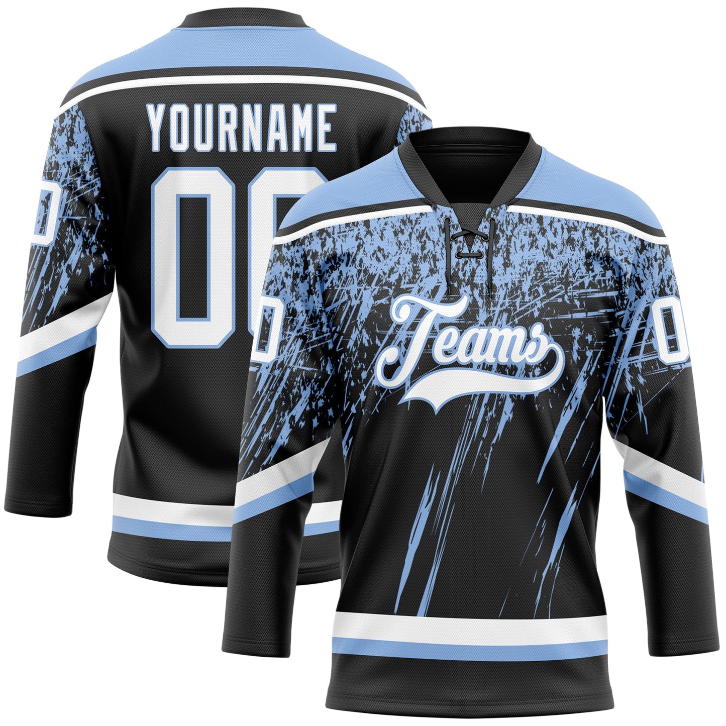 Custom Black White-Light Blue 3D Splash Hockey Lace Neck Jersey - Main View