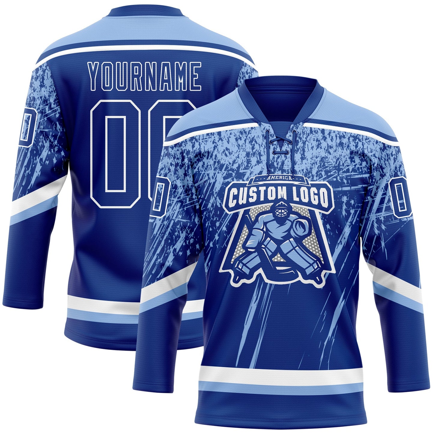 Custom Royal Light Blue-White 3D Splash Hockey Lace Neck Jersey view 2