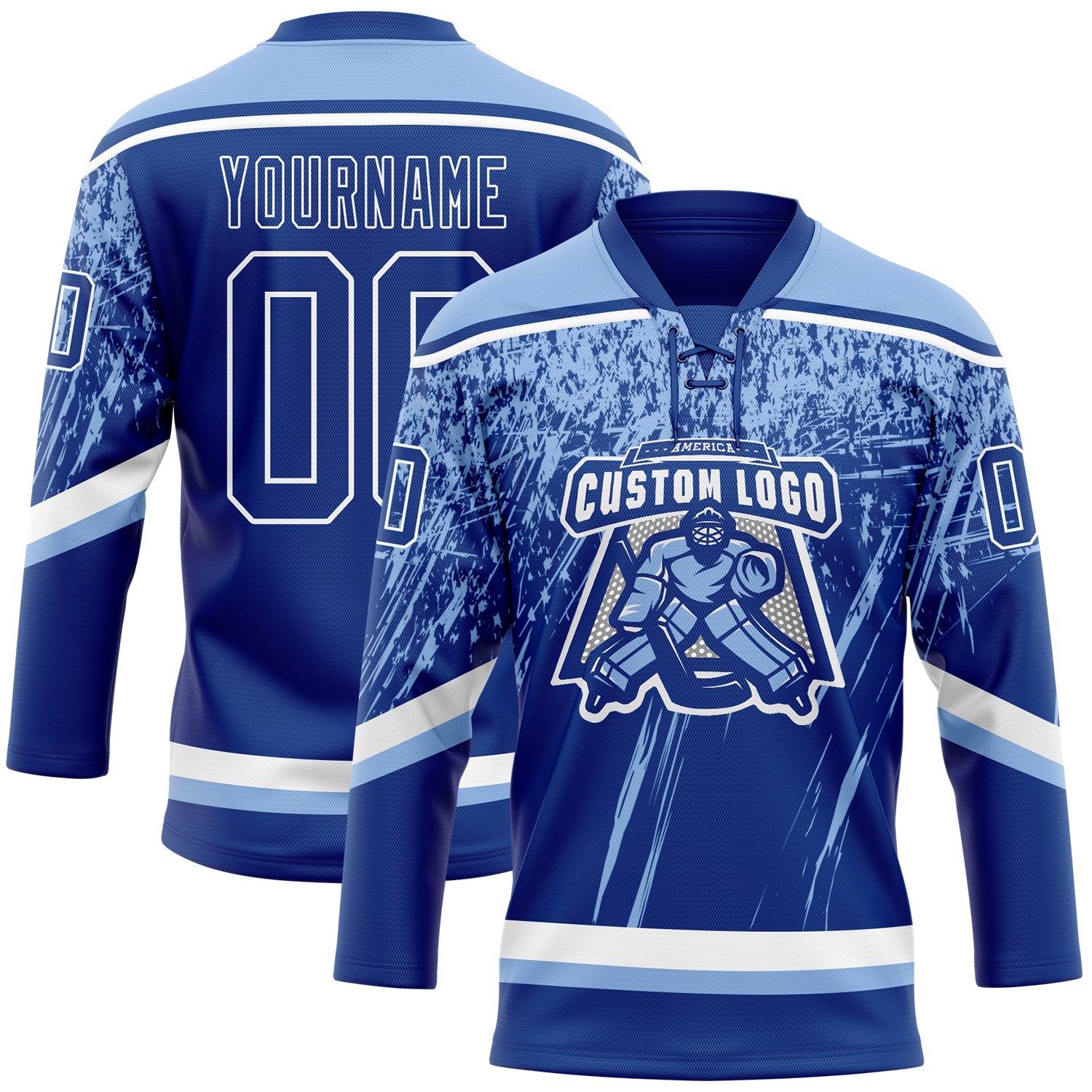 Custom Royal Light Blue-White 3D Splash Hockey Lace Neck Jersey view 2