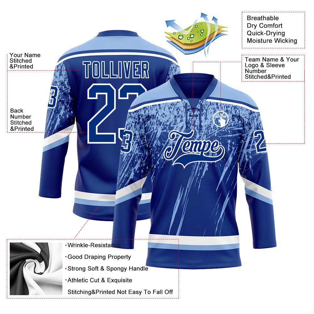 Custom Royal Light Blue-White 3D Splash Hockey Lace Neck Jersey view 3