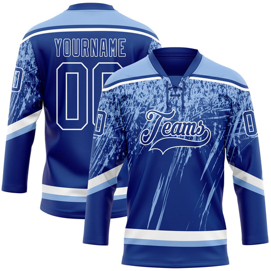 Custom Royal Light Blue-White 3D Splash Hockey Lace Neck Jersey - Main View