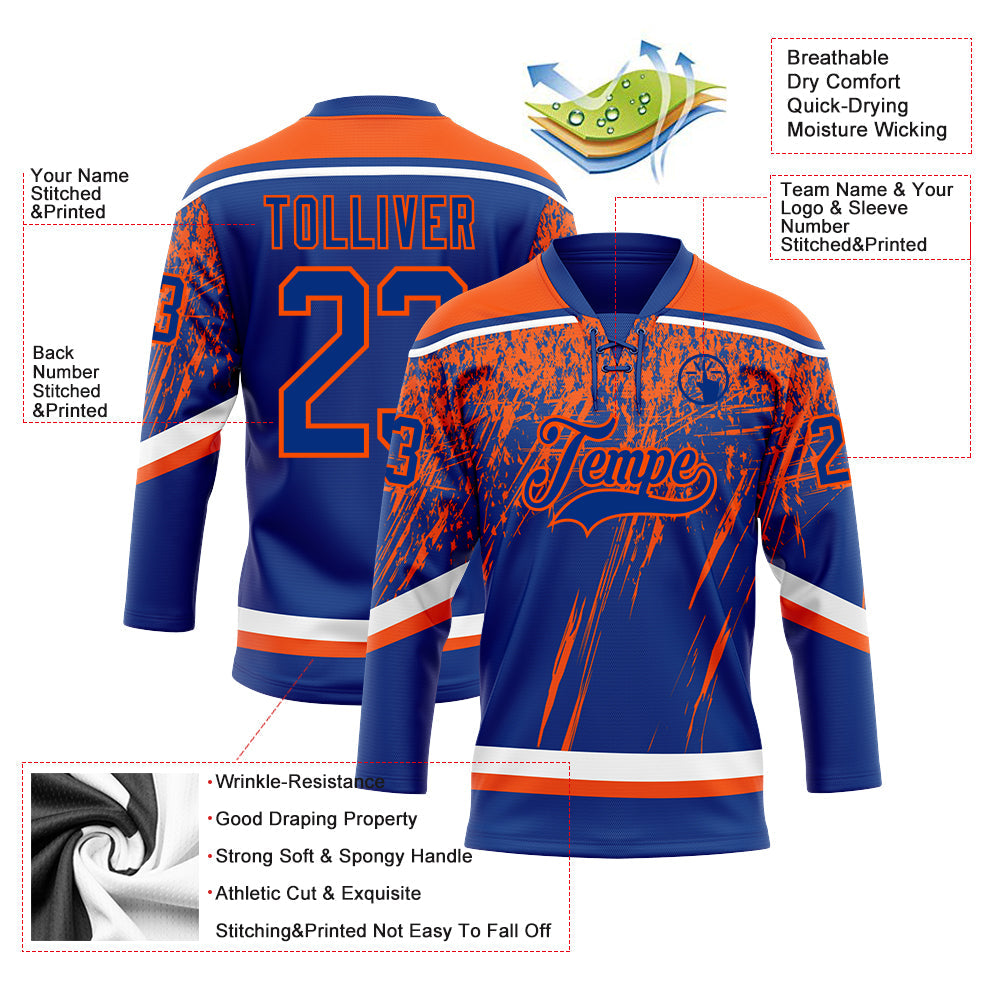 Custom Royal Orange-White 3D Splash Hockey Lace Neck Jersey view 3