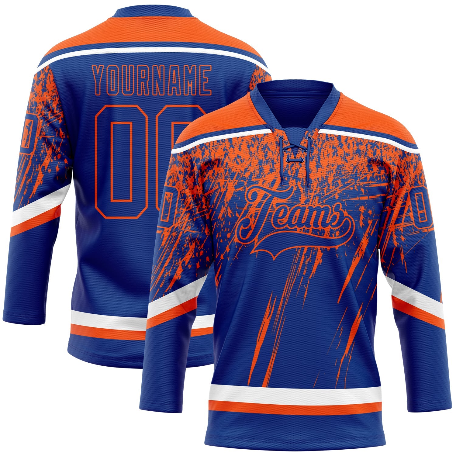 Custom Royal Orange-White 3D Splash Hockey Lace Neck Jersey - Main View