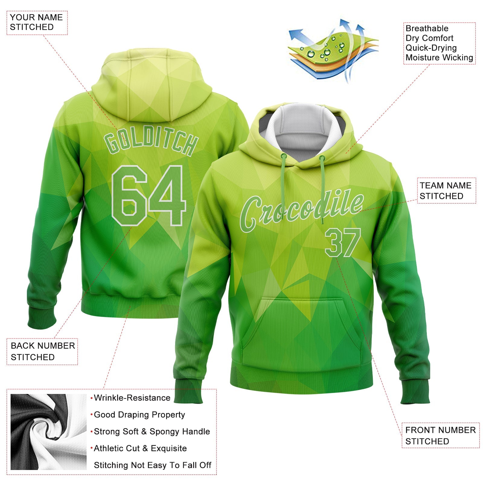 Custom Stitched Kelly Green Neon Green-White 3D Pattern Design Abstract Warm Geometric Pattern Sports Pullover Sweatshirt Hoodie view 2