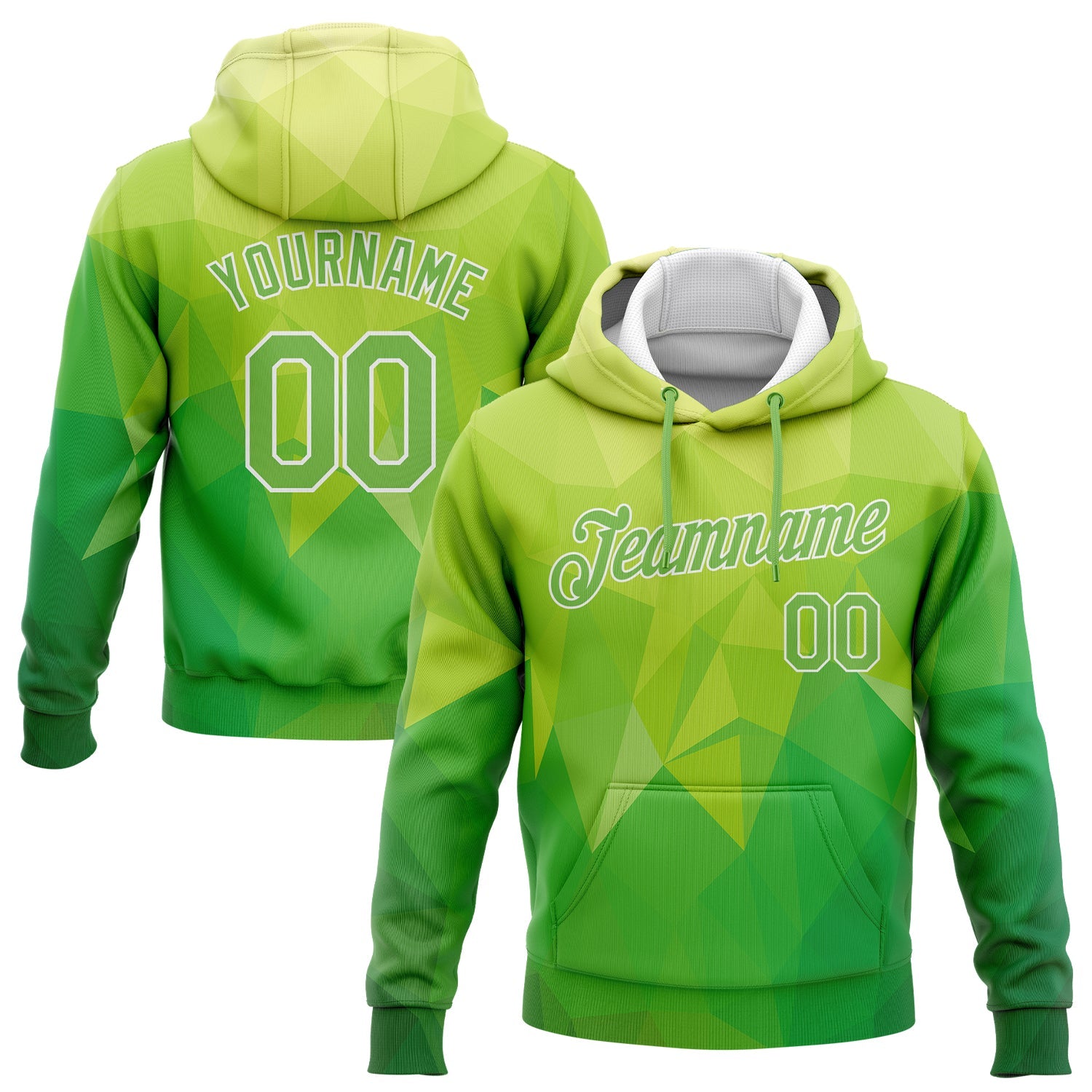 Custom Stitched Kelly Green Neon Green-White 3D Pattern Design Abstract Warm Geometric Pattern Sports Pullover Sweatshirt Hoodie - Main View