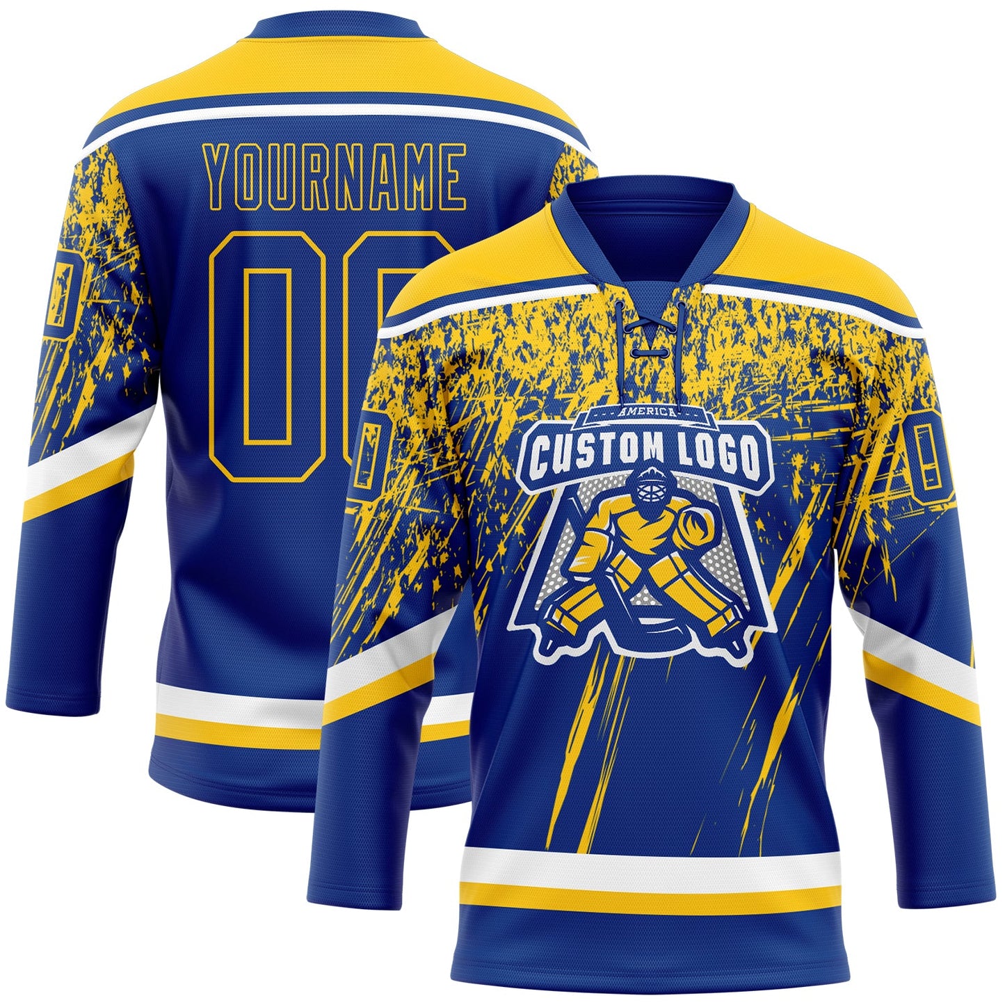 Custom Royal Yellow-White 3D Splash Hockey Lace Neck Jersey view 2