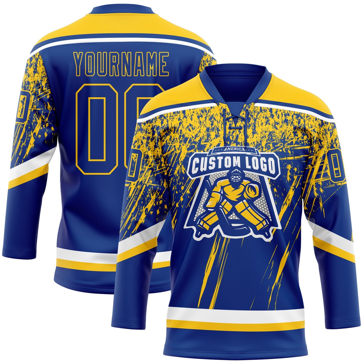 Custom Royal Yellow-White 3D Splash Hockey Lace Neck Jersey view 2