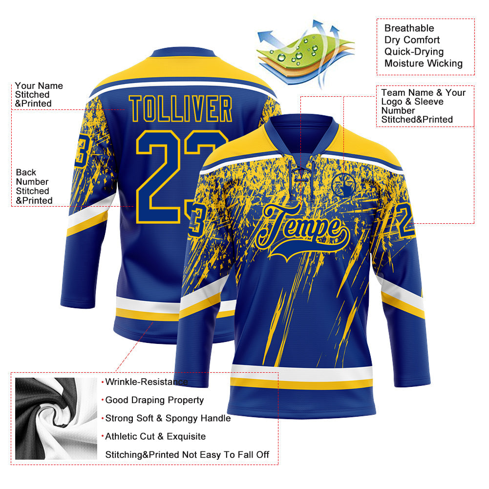 Custom Royal Yellow-White 3D Splash Hockey Lace Neck Jersey view 3