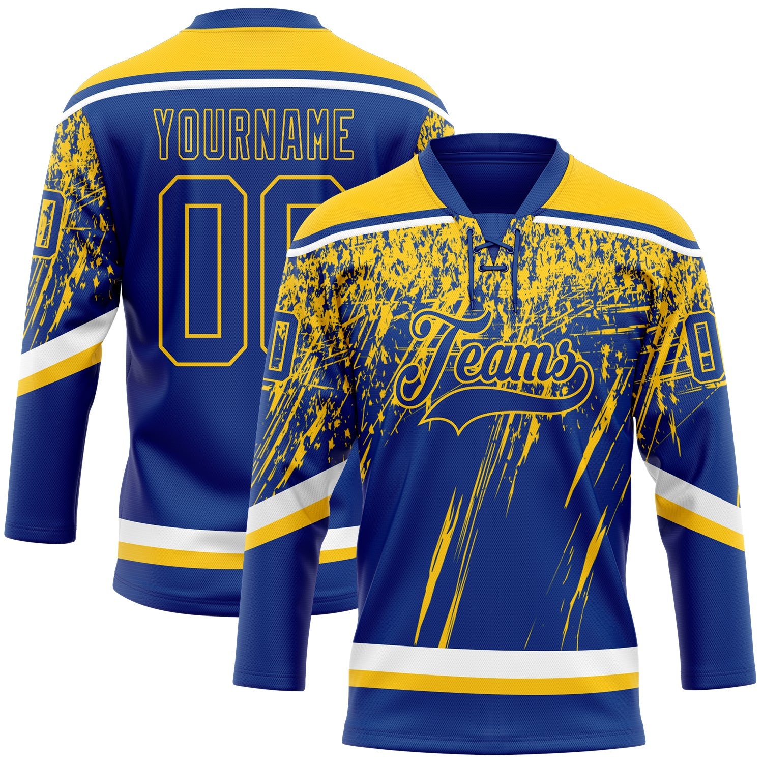 Custom Royal Yellow-White 3D Splash Hockey Lace Neck Jersey - Main View