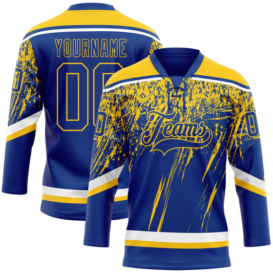 Custom Royal Yellow-White 3D Splash Hockey Lace Neck Jersey - Main View