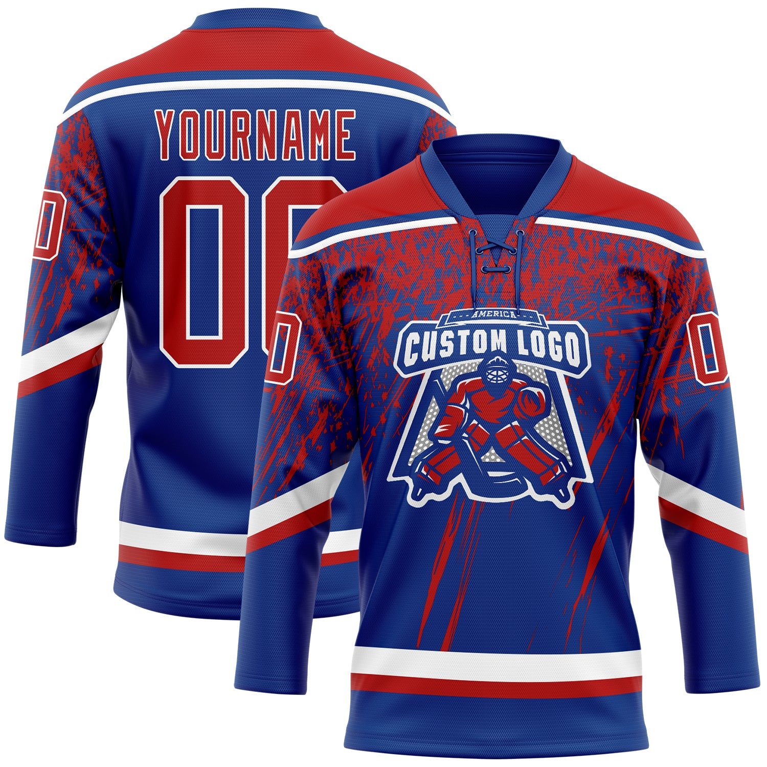 Custom Royal Red-White 3D Splash Hockey Lace Neck Jersey view 2