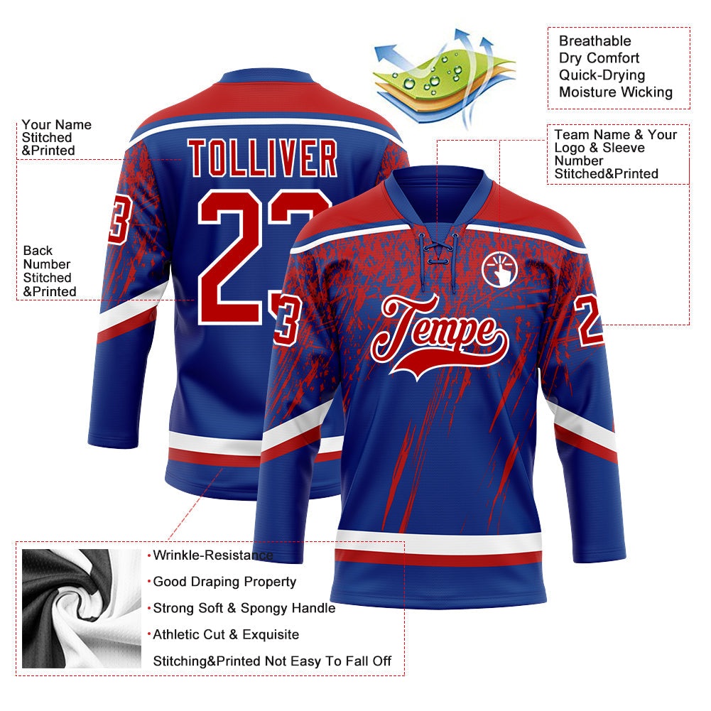 Custom Royal Red-White 3D Splash Hockey Lace Neck Jersey view 3