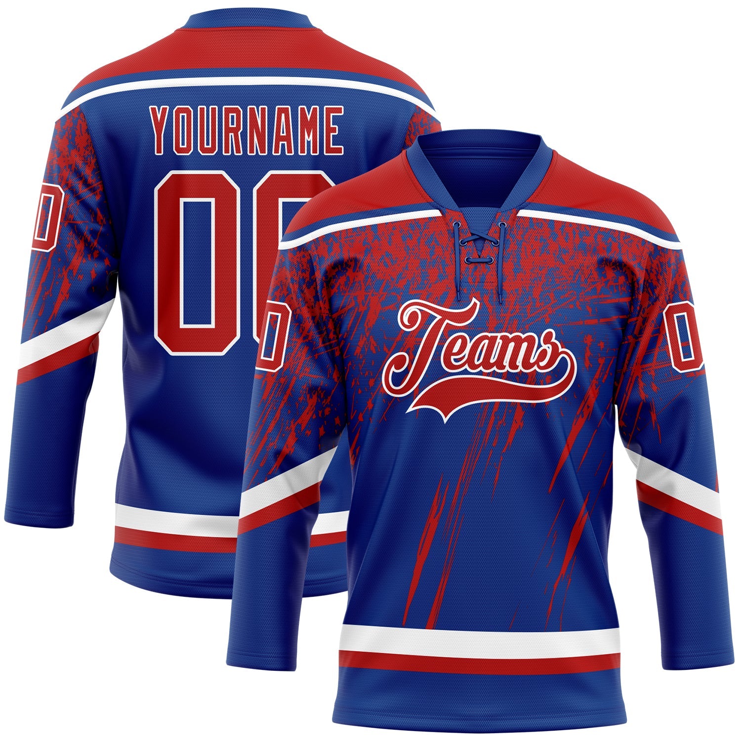 Custom Royal Red-White 3D Splash Hockey Lace Neck Jersey - Main View